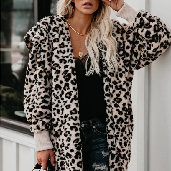 Jackets & Blazers - Women Leopard hooded jacket plush warm fuzzy jacket